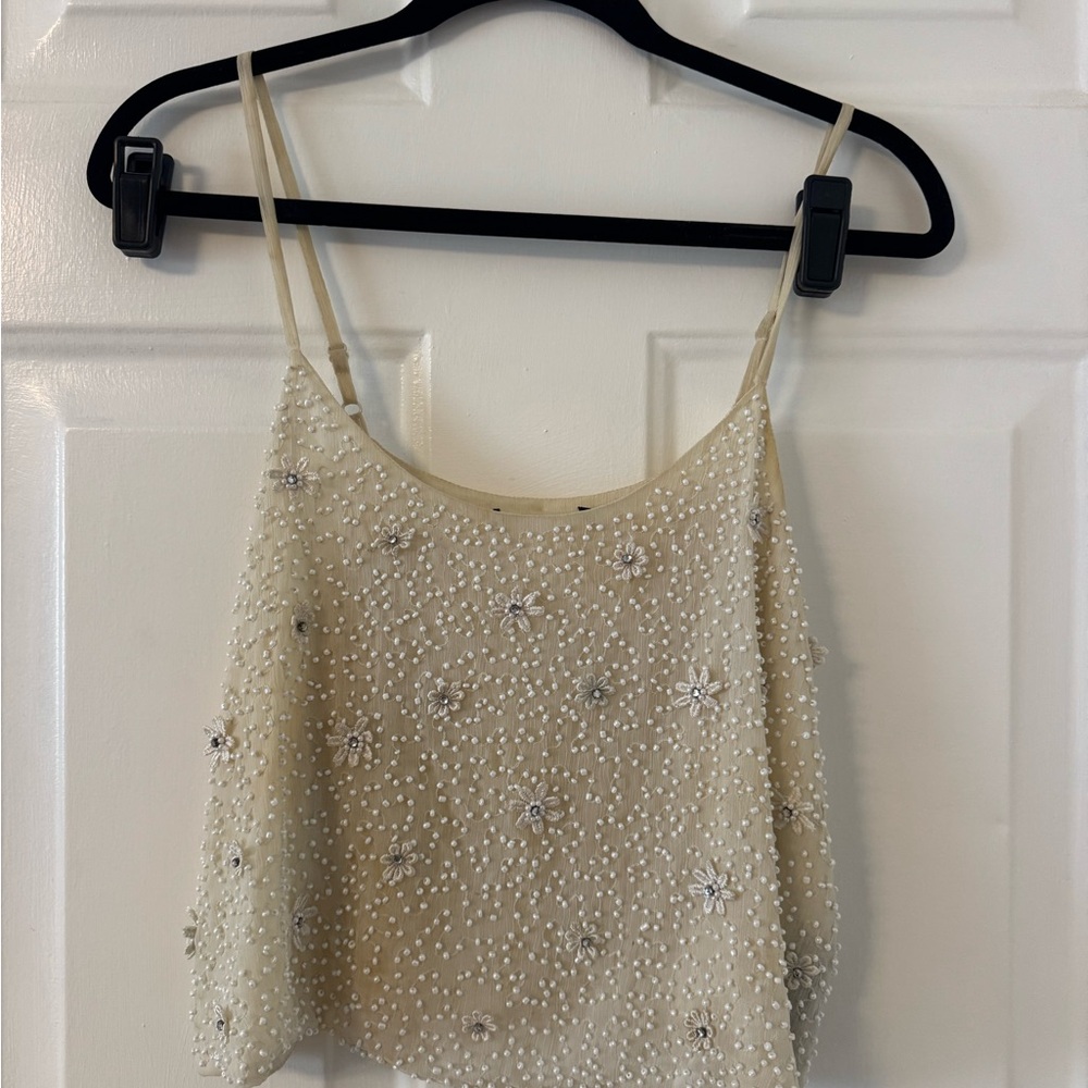 Beaded Cream Spaghetti-Strap Crop Top